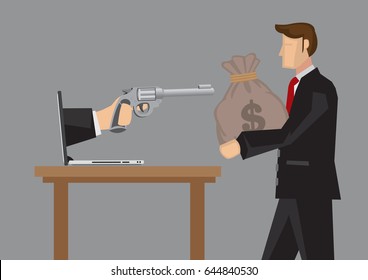 Hand holding gun from computer laptop pointing at businessman carrying a money bag. Creative cartoon vector illustration for metaphor on businesses feeling threatened by technology.
