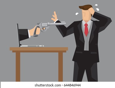 Hand holding gun from computer laptop pointing at panicky businessman. Creative cartoon vector illustration for metaphor on businesses feeling threatened by technology.