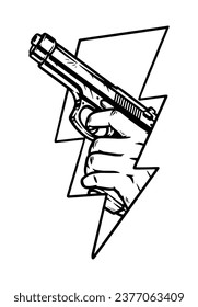 hand holding gun with lightning shape line illustration