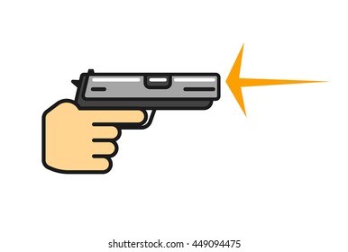 Hand holding gun shooting vector, flat cartoon outline pistol in hand
