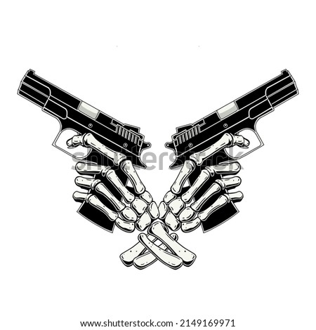 Hand holding gun shoting. Vector illustration. Holding guns crossing arms isolated on white.