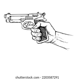 Hand Holding Gun, Sketch And Illustration