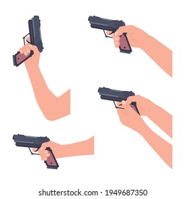 Hand holding gun vector cartoon set isolated on a white background.
