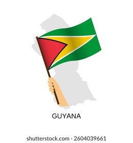 Hand holding Guyana country flag on map background
