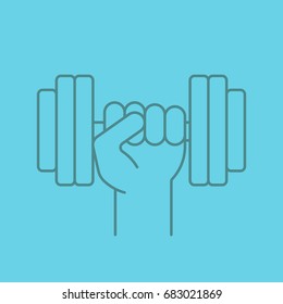 Hand holding gym barbell linear icon. Fitness and workout sign. Thin line outline symbols on color background. Vector illustration