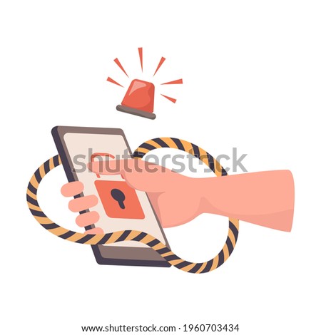 Hand holding hacked smartphone vector flat illustration. Hacker attack, phishing, stealing personal information, password, and username, credit card details. Internet fraud. Cyber security concept.