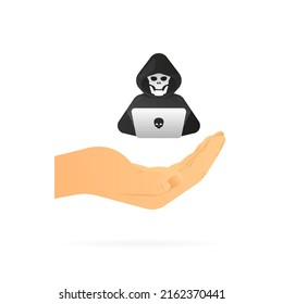 Mano sosteniendo el avatar del hacker. Mano realista. Fondo blanco. Ilustración vectorial.