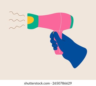 Mão segurando um secador de cabelo. Ilustração vetorial colorida
