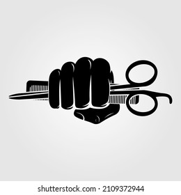 Hand holding hairdressing scissors and comb. Vector illustration.