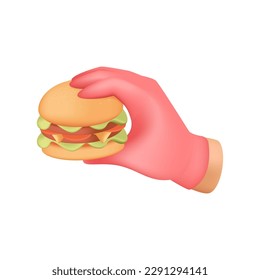 Hand, die einen Hamburger hält 3D-Vektorgrafik. Restaurant-Koch, der Hamburger im Cartoon-Stil, einzeln auf weißem Hintergrund. Fast Food, Shop, Menükonzept