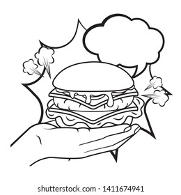 hand holding hamburger black and white