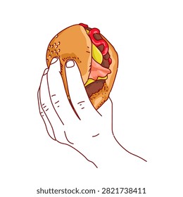 a hand holding a hamburger with a bun and tomato sauce. Restaurant fast food menu
