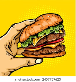 hand holding a hamburger. hand drawn realistic comic cartoon design