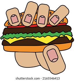 Hand holding a hamburger, isolated on white background in cartoon style in vector graphic