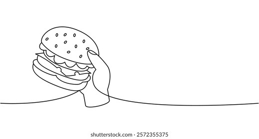 Hand holding a hamburger one line continuous drawing. Traditional American fast food. Vector illustration.