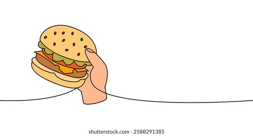 Hand holding a hamburger one line colored continuous drawing. Traditional American fast food.