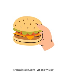 Hand holding a hamburger. Traditional American fast food. Vector illustration.