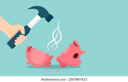 Hand holding a hammer above the piggy bank and no savings money. No deposit. Need money for the emergency concept. Vector illustration cartoon flat design with copy space.