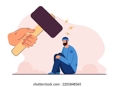 Hand Holding Hammer Above Sad Homeless Cartoon Man. Person Threatening Poor Male Character In Debt Flat Vector Illustration. Poverty, Discrimination, Society Concept For Banner Or Landing Web Page