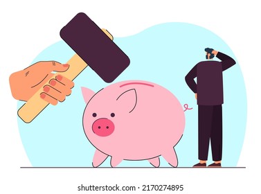 Hand holding hammer to break piggy bank. Tiny poor man thinking about money savings and debt flat vector illustration. Bankruptcy, crisis concept for banner, website design or landing web page