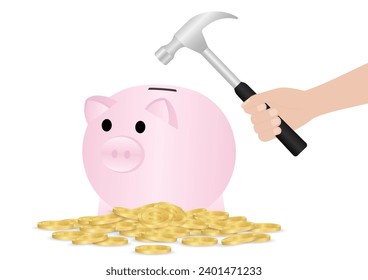 Hand Holding Hammer to Break Piggy Bank. Growing Money, Saving and Investment Concept. Vector Illustration.