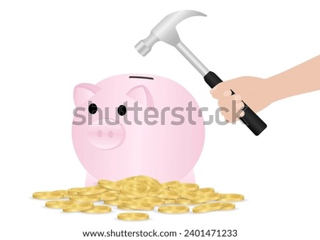 Hand Holding Hammer to Break Piggy Bank. Growing Money, Saving and Investment Concept. Vector Illustration.