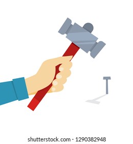 Hand holding hammer. Carpenter hammers a nail in wall. Handyman concept. Isolated vector illustration