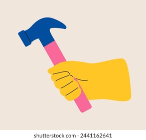 Hand holding hammer. Colorful vector illustration
