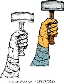 Hand Holding Up A Hammer For The Concept Of Labour Union. Hand Drawn Vector Illustration.