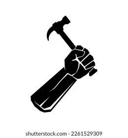 Hand holding hammer. Fist with hammer. Hand with hammer. Construction logo design. Vector illustration.