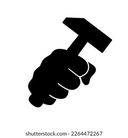 Hand holding hammer. Fist with hammer. Hand with hammer. Construction logo design. Vector illustration.