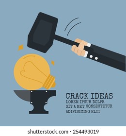Hand holding hammer to hit a light bulb ,Vector cartoon concept abstract business