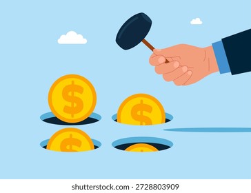 Mão segurando martelo batendo as moedas de dólar em um buraco toupeira. Jogando hamster. Ilustração de vetor plano