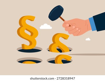 Hand holding hammer hitting the paragraph symbols in a mole hole. Playing hamster game. Flat vector illustration