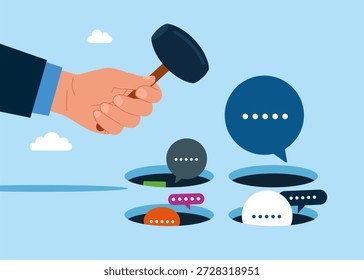 Mão segurando martelo acertando as bolhas de fala em um buraco de toupeira. Jogando hamster. Discussão, conversa, reunião, comunicação em equipe. Ilustração de vetor plano