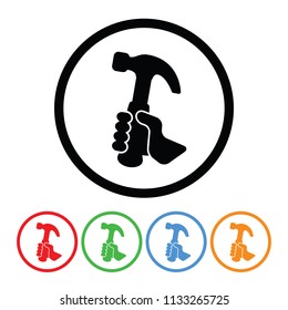 Hand holding hammer icon construction building & repair work vector symbol with four color variations