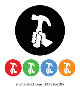 Hand holding hammer icon health and injury symbol in a black circle vector industrial repair and construction symbol hammer illustration with four color variations isolated on a white background