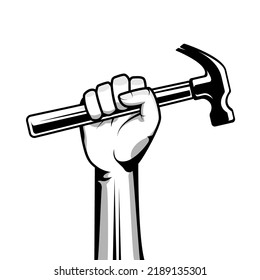 Hand holding hammer illustration clip art for carpenter logo isolated on white background