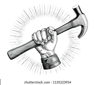 Hand holding hammer illustration vintage clip art for carpenter logo isolated on white background