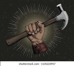 Hand holding hammer illustration vintage clip art for carpenter logo