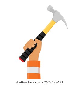 Hand holding hammer isolated on white background. Worker in uniform. Repairing and maintenance. Building and destroying. Vector
