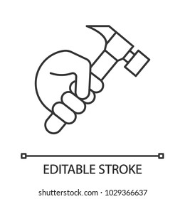 Hand holding hammer linear icon. Thin line illustration. Repairman, carpenter. Contour symbol. Vector isolated outline drawing. Editable stroke