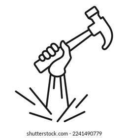 Hand holding a hammer, linear icon. Hardware tools symbol vector illustration.