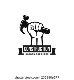 Hand holding hammer logo design vector