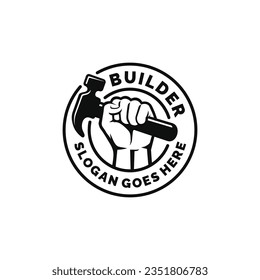 Hand holding hammer logo design vector. Builder construction logo