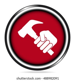 Hand holding with hammer on red button. working tool icon