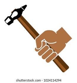 Hand holding hammer on a white background. Vector illustration