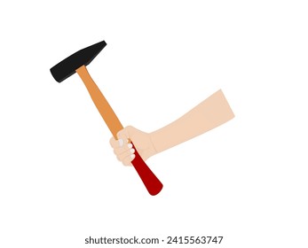 Hand holding a hammer on a white background.