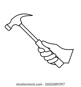 Hand Holding Hammer Outline Vector Illustration. A black and white vector illustration of a hand firmly gripping a hammer.