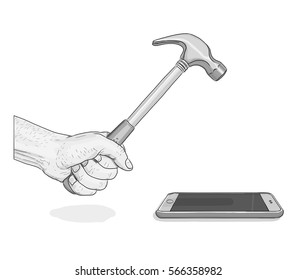 Hand Holding Hammer over Smart Phone